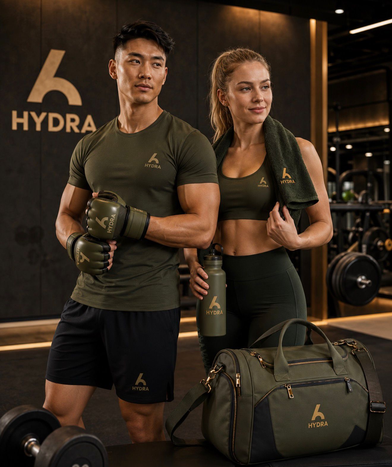 Hydra signature merch — olive athleisure, gloves, bottle and duffel